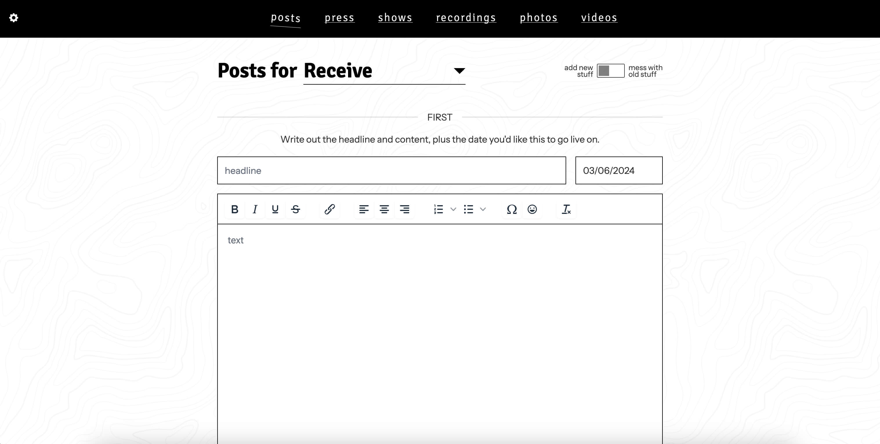 The form for entering a post within the custom CMS frontend